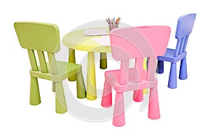 Green table and colorful chairs