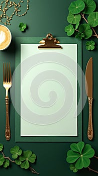 Green table features a clipboard. Blank menu for St. Patrick's Day mockup with space for text. Template with copy