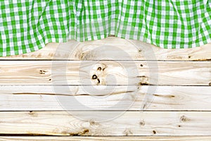 Green tablecloth on wooden table, top view