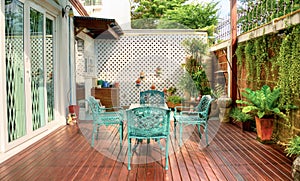 Green tables and chair