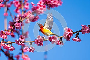 Green-tailed Sunbird ,Aethopyga nipalensis or Nepal yellow-backed sunbird, in the family Nectariniidae live on Ang khang in Chiang