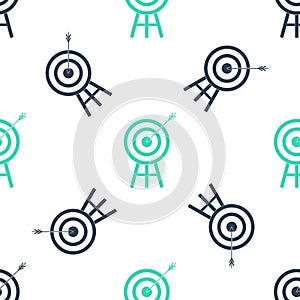 Green Target with arrow icon isolated seamless pattern on white background. Dart board sign. Archery board icon. Dartboard sign.