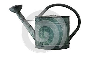 Green tarnished galvanized watering can isolated on white