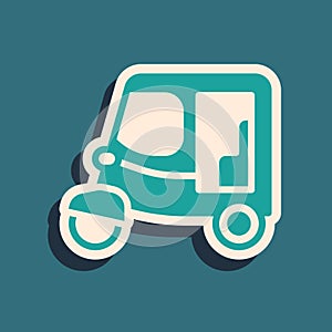 Green Taxi tuk tuk icon isolated on green background. Indian auto rickshaw concept. Delhi auto. Long shadow style