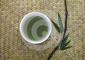 green tea bowl with bamboo leaves