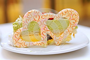 Green tea cake with heart shape icing