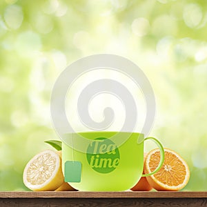 Green tea cup and citrus fruits