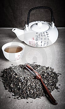 Green tea, cup and kettle for chinese tea ceremony