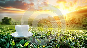 Green tea cup with mountain field backdrop, ideal for text placement and creative messaging