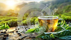 Green tea cup with mountain plantation backdrop, ideal copy space for text placement