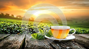 Green tea cup with picturesque mountain field background, perfect for text placement