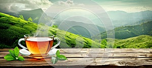 Green tea cup on verdant plantation field with scenic mountain background perfect for text placement
