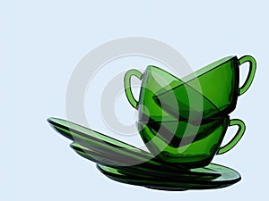 Green tea cups and saucers, stacked, on pale background.