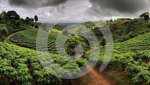 Green tea fields on Cameron Highlands mountainside generated by AI