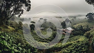 Green tea fields on misty mountain slopes generated by AI