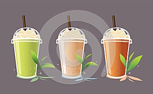 Green tea frappe ,Milk tea frappe ,Thai tea frappe with whipped cream in take a way cup.