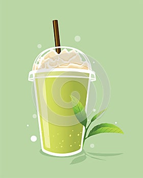 Green tea frappe with whipped cream in take a way cup and green tea leaf.