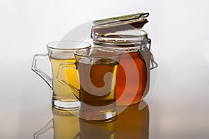 Green tea in glass cups with honey and lemon on white background with mint