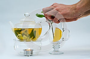 Green tea in glass teapot