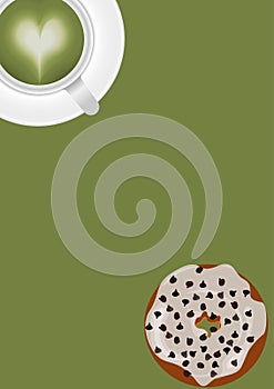 Green tea hot white mug and Donut White cream glaze and chocoolate chips topping in green background