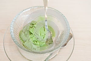 Green tea ice cream. A scoope of Japanese matcha greentea ice-cream