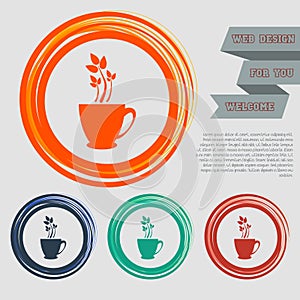 Green tea icon on the red, blue, , orange buttons for your website and design with space text.