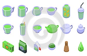 Green tea icons set isometric vector. Cup glass
