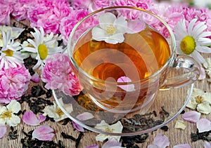 Green tea with jasmine. herbal tea. flower tea. tea rose, chamomile and jasmine.