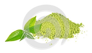 Green tea leaf and matcha powder isolated on white background.