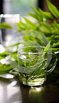 green tea leaf shoots, very fresh, made into a glass of green tea, on the table in the morning Generate AI