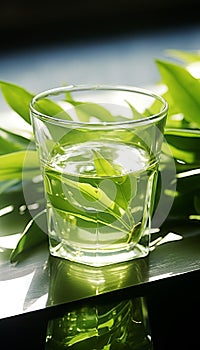 green tea leaf shoots, very fresh, made into a glass of green tea, on the table in the morning Generate AI