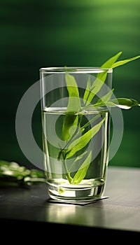 green tea leaf shoots, very fresh, made into a glass of green tea, on the table in the morning Generate AI