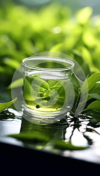 green tea leaf shoots, very fresh, made into a glass of green tea, on the table in the morning Generate AI