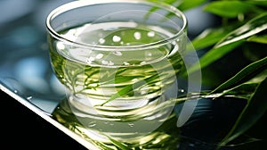 green tea leaf shoots, very fresh, made into a glass of green tea, on the table in the morning Generate AI