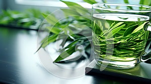 green tea leaf shoots, very fresh, made into a glass of green tea, on the table in the morning Generate AI