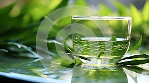 green tea leaf shoots, very fresh, made into a glass of green tea, on the table in the morning Generate AI