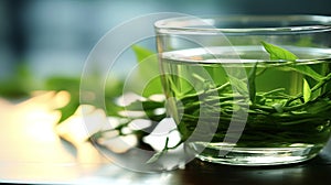 green tea leaf shoots, very fresh, made into a glass of green tea, on the table in the morning Generate AI