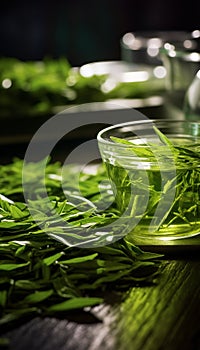 green tea leaf shoots, very fresh, made into a glass of green tea, on the table in the morning Generate AI