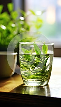 green tea leaf shoots, very fresh, made into a glass of green tea, on the table in the morning Generate AI