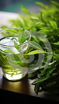 green tea leaf shoots, very fresh, made into a glass of green tea, on the table in the morning Generate AI