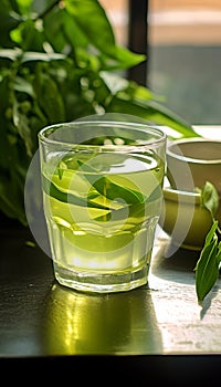 green tea leaf shoots, very fresh, made into a glass of green tea, on the table in the morning Generate AI