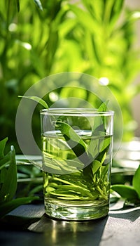 green tea leaf shoots, very fresh, made into a glass of green tea, on the table in the morning Generate AI