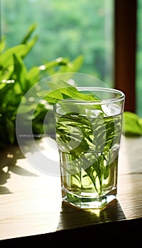 green tea leaf shoots, very fresh, made into a glass of green tea, on the table in the morning Generate AI