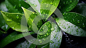 Green tea leaves with dew drops close up. Natural background after rain