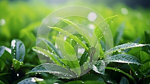 Green tea leaves with dew drops close up. Natural background after rain