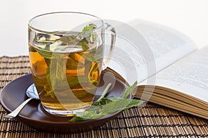 Green tea and leaves of mint in a glass cup with a book