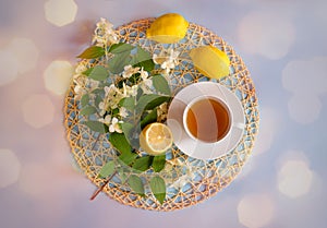 Green tea, lemons and jasmine flowers on blue background.