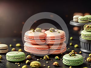 Green Tea Macarons With Pistachios On A Dark Background. Generative AI