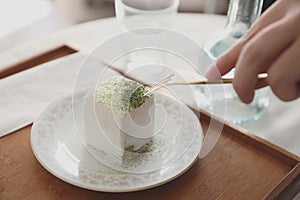 Green tea Macha cake japanese style dessert on top view