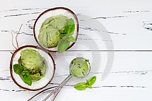 Green tea matcha mint ice cream with chocolate and coconut milk.